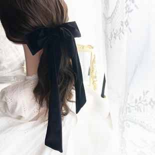 ins法式 复古发饰超长丝绒蝴蝶结发夹后脑勺顶夹飘带马尾发卡头饰