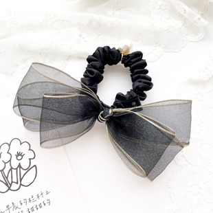 仙女欧根纱发饰珍珠蝴蝶结发圈大号发绳法式 高级黑色头绳皮筋头饰