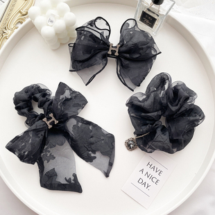 法式 复古发饰轻奢欧根纱蝴蝶结发夹发圈高级感宝石吊坠大肠圈发绳