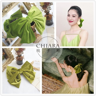 钟楚曦发夹法式 CHIC复古高级丝绒发饰超大绿色蝴蝶结顶夹发卡头饰