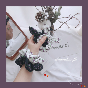 ins法式 复古花园布艺发圈紫色玫瑰花大肠圈蝴蝶结发绳兔耳朵皮筋