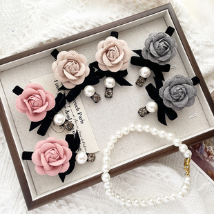 复古发饰小香风山茶花发夹丝绒珍珠对夹发卡碎发边夹头饰刘海夹女