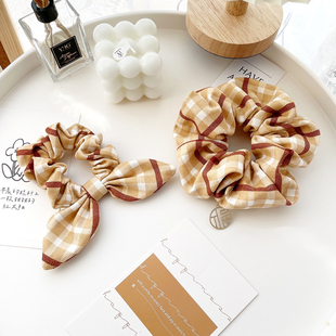 原创复古发饰格子大肠圈发圈棕色兔耳朵发绳蝴蝶结头饰韩国头花女