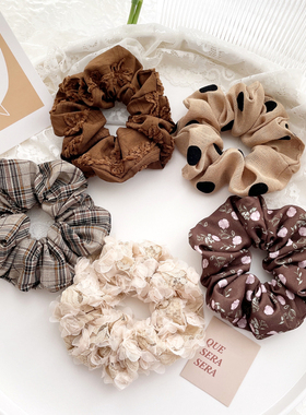 秋冬新款发饰复古大肠圈棕色发圈蕾丝头绳女ins头饰皮筋格子发绳