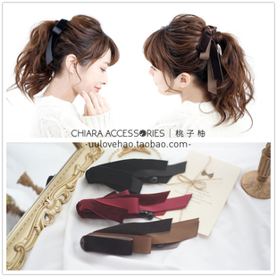 日本新款 发饰向下香蕉夹复古天鹅绒丝绒蝴蝶结竖夹马尾夹韩国发夹