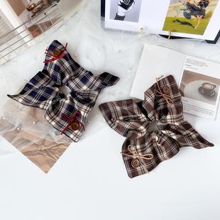 复古格纹方巾大肠发圈女法式 高级感方形慵懒风扎头发头饰气质发绳