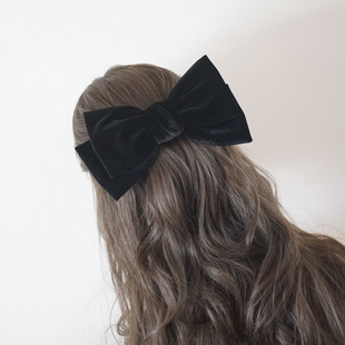秋冬新款 复古丝绒天鹅绒黑色酒红色超大蝴蝶结顶夹发夹发饰弹簧夹