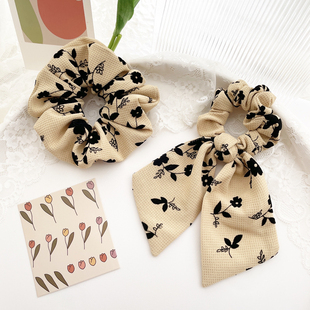 秋日奶茶色发饰华夫格大肠圈法式 风情蝴蝶结发圈飘带发绳盘发头饰