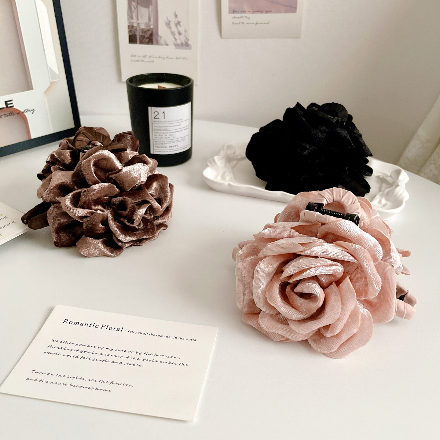 桃子柚高级感丝绒玫瑰花抓夹