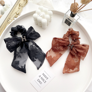 法式 复古发饰轻奢欧根纱蝴蝶结发圈高级感宝石扣发绳皮筋飘带头饰