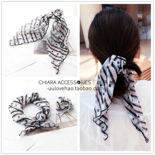 慵懒风超长丝巾飘带发圈蝴蝶结发绳马尾头花头饰 复古发饰法式 包邮