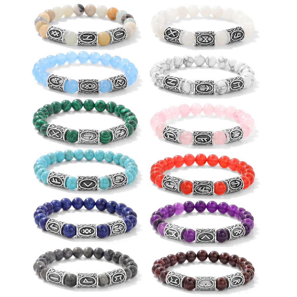 爆款维京字符弹力手链天然石个性潮流男女情侣款复古串珠手串饰品