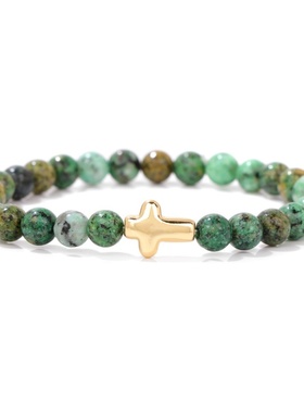 6mm石头珠子手链强保色电镀金色十字架欧美风饰品弹力绳男女手串