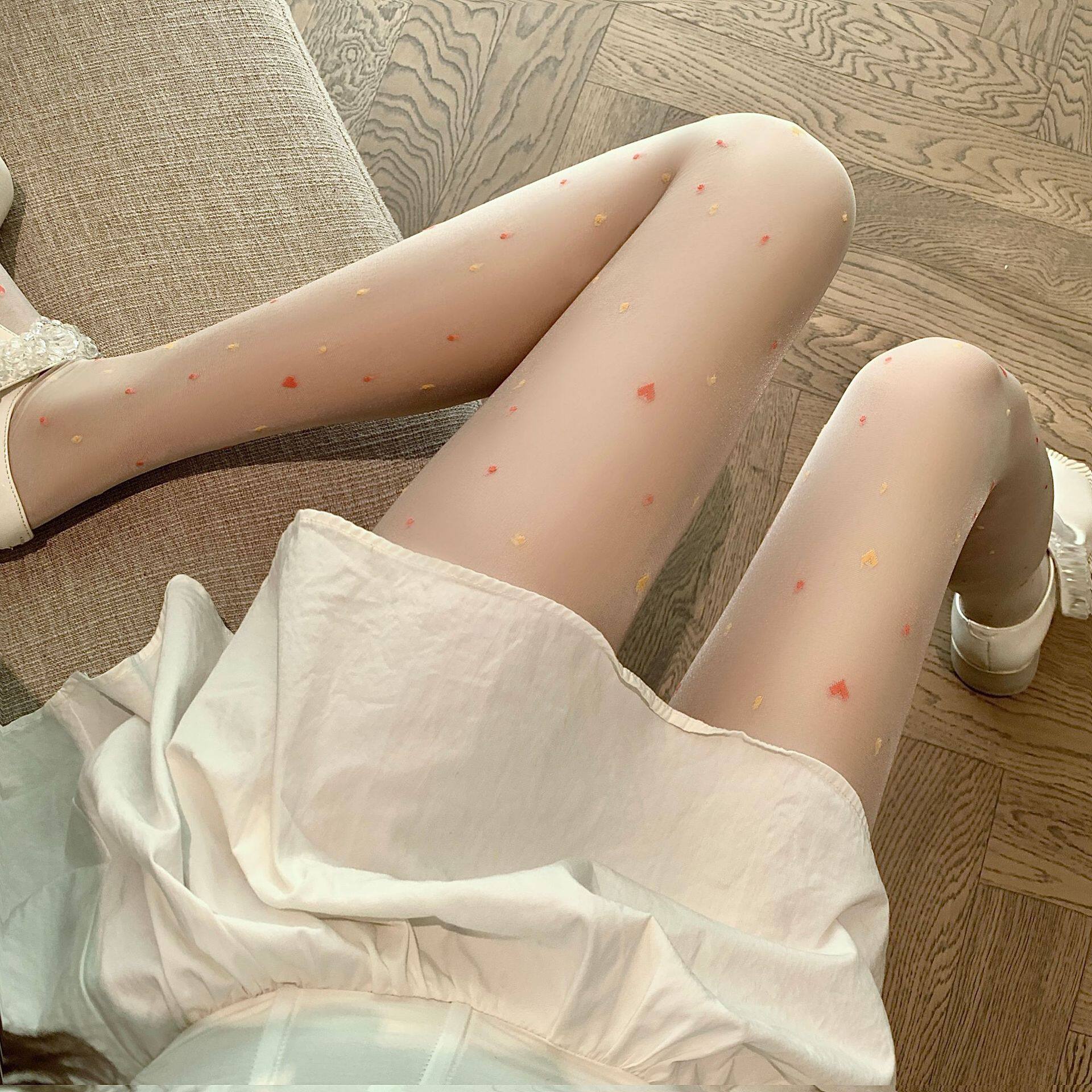 日系彩色爱心连裤袜纯欲白丝女夏季性感薄款黑丝包芯丝提花打底袜