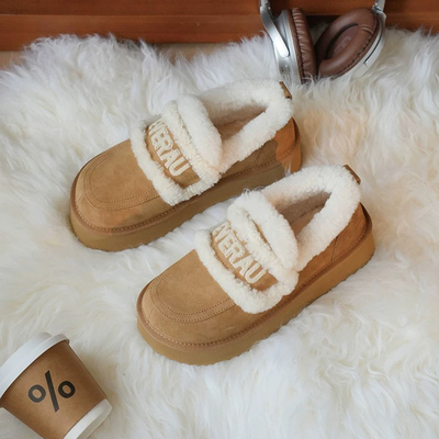 EVERAU胖丁毛毛鞋女2024新款皮毛一体厚底包跟一脚蹬雪地靴EA2069