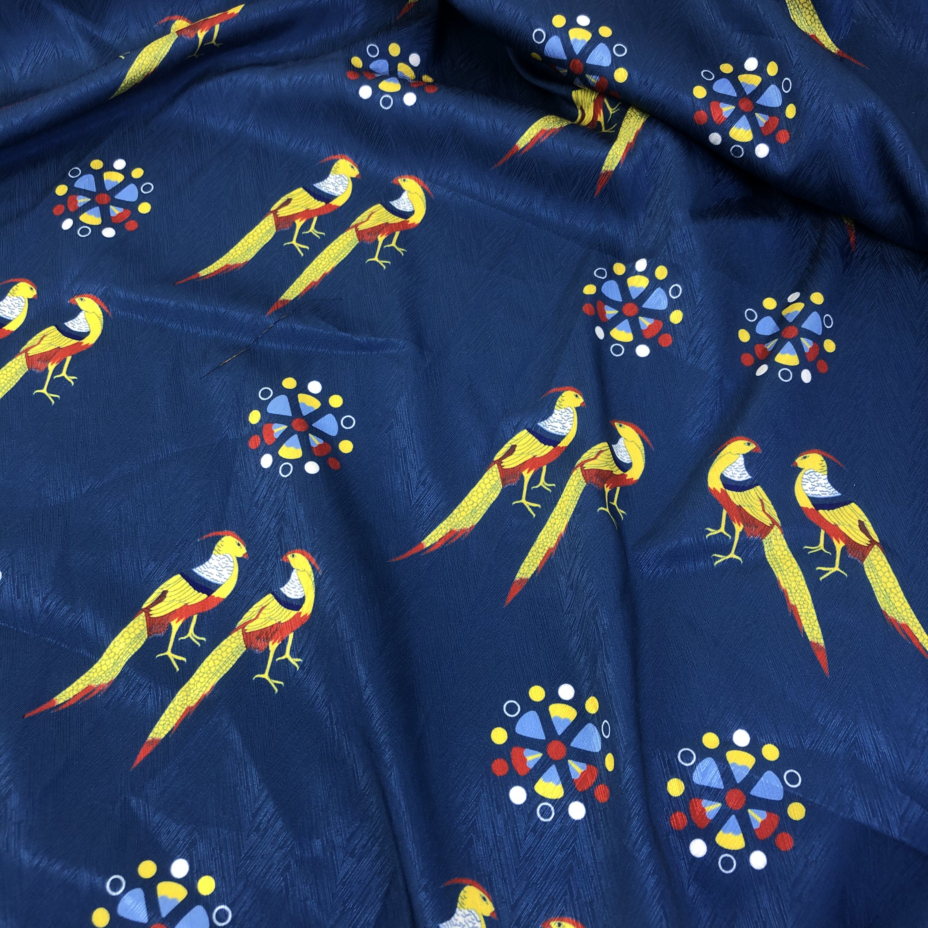 复原宋皇后服五彩翟鸟纹弹力麻翟衣婚服交领大袖衫印花汉服布面料