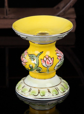 佛堂用品陶瓷烛台供佛蜡烛灯座浮雕莲花无字彩绘黄色佛前点灯