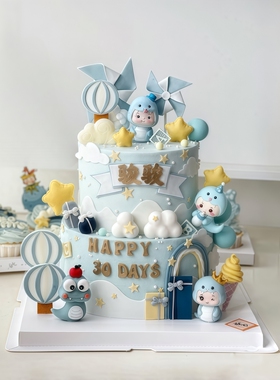 蓝色蛇宝宝满月主题蛋糕装饰配件男孩女孩周岁生肖蛇生日甜品插牌