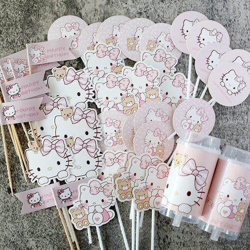 HelloKitty猫卡通女宝宝主题甜品台身体装饰kt猫蛋糕插牌插件