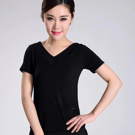 春夏莫代尔广场舞服装上衣 拉丁舞蹈服短袖v领成人练功服跳舞衣女