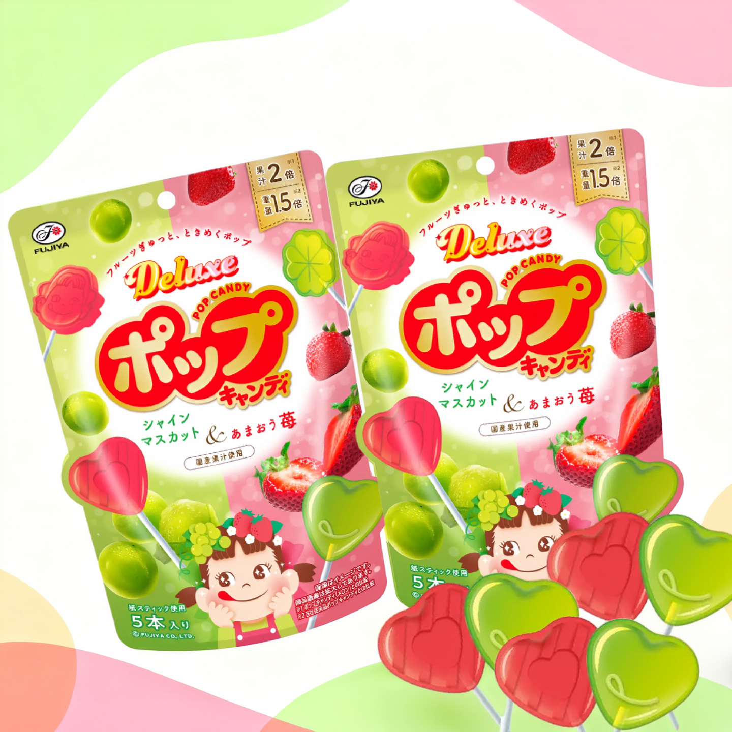 日本 Fujiya不二家 豪华棒棒糖1.5倍大果汁2倍水果造型随机5支装