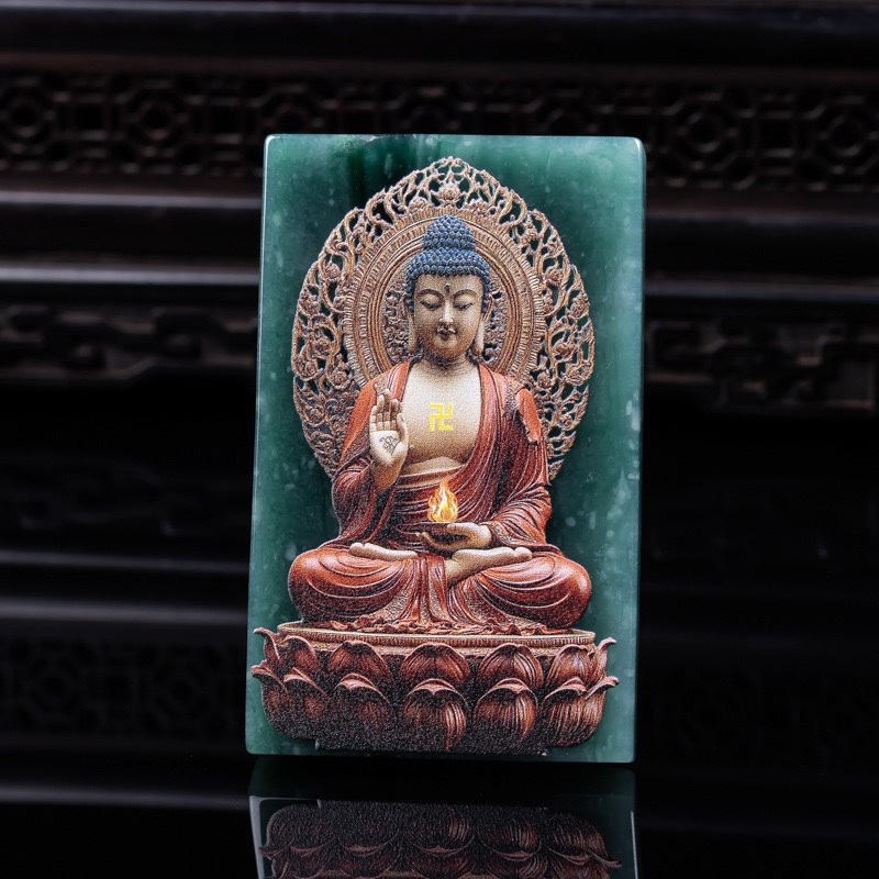 天然A货翡翠大日如来佛项链双面喷绘佛祖玉石金刚经吊坠挂件玉佩