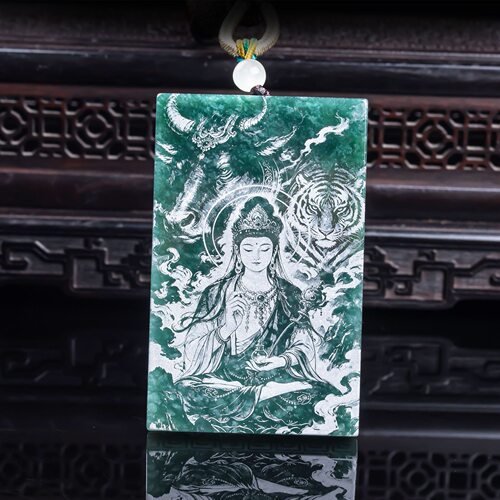 天然a货翡翠虚空藏观音双面影雕冰种玉石生肖虎牛护身符吊坠挂件