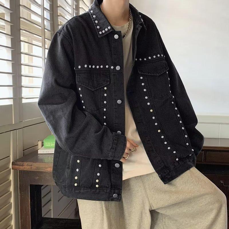 韩版潮牌柳钉牛仔外套男网红同款宽松休闲黑色夹克百搭工装上衣潮