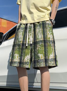 绿色扎染格子短裤男夏季薄款小众设计感运动裤美式复古休闲五分裤