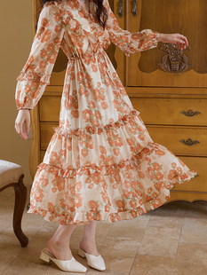 《橙染花相》长袖连衣裙雪纺v领度假风长款大摆浪漫橙色原创