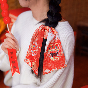 《炙红舞狮》年货发圈飘带头绳皮筋发带本命蛇饰品红色醒狮过新年