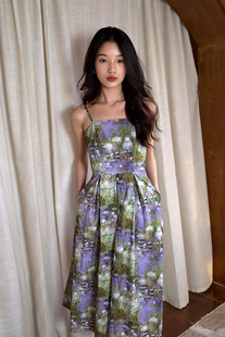 像雾又像梦～莫奈油画吊带连衣裙夏高腰复古度假风小众 睡莲池