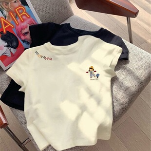 显瘦短款 美式 设计感小众修身 t恤女夏季 正肩上衣圆领 复古纯棉短袖