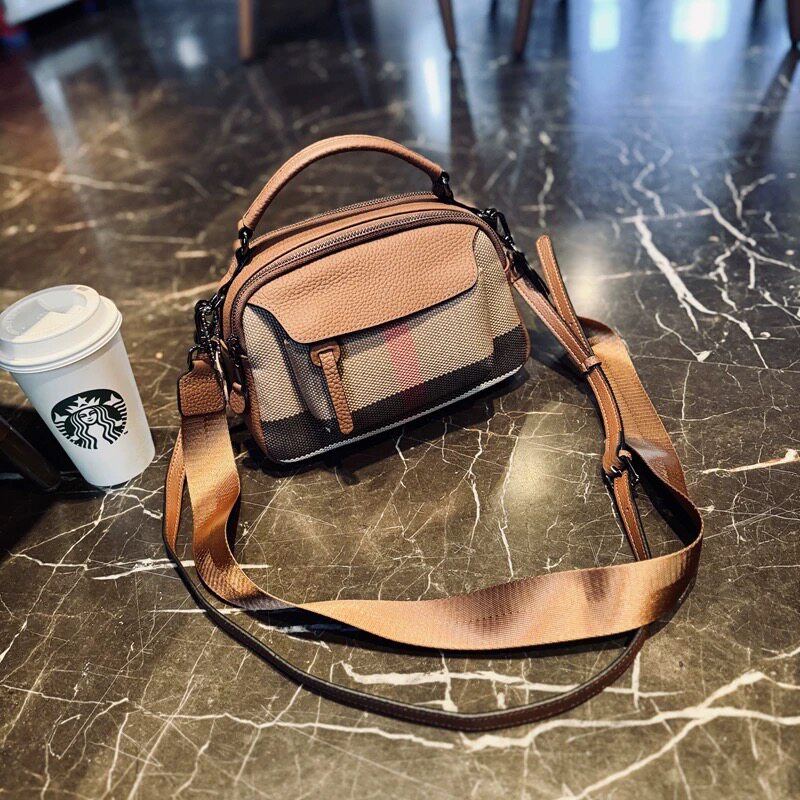 新款手提小包真皮配帆布英伦风格小方包女斜挎包时尚百搭单肩包包