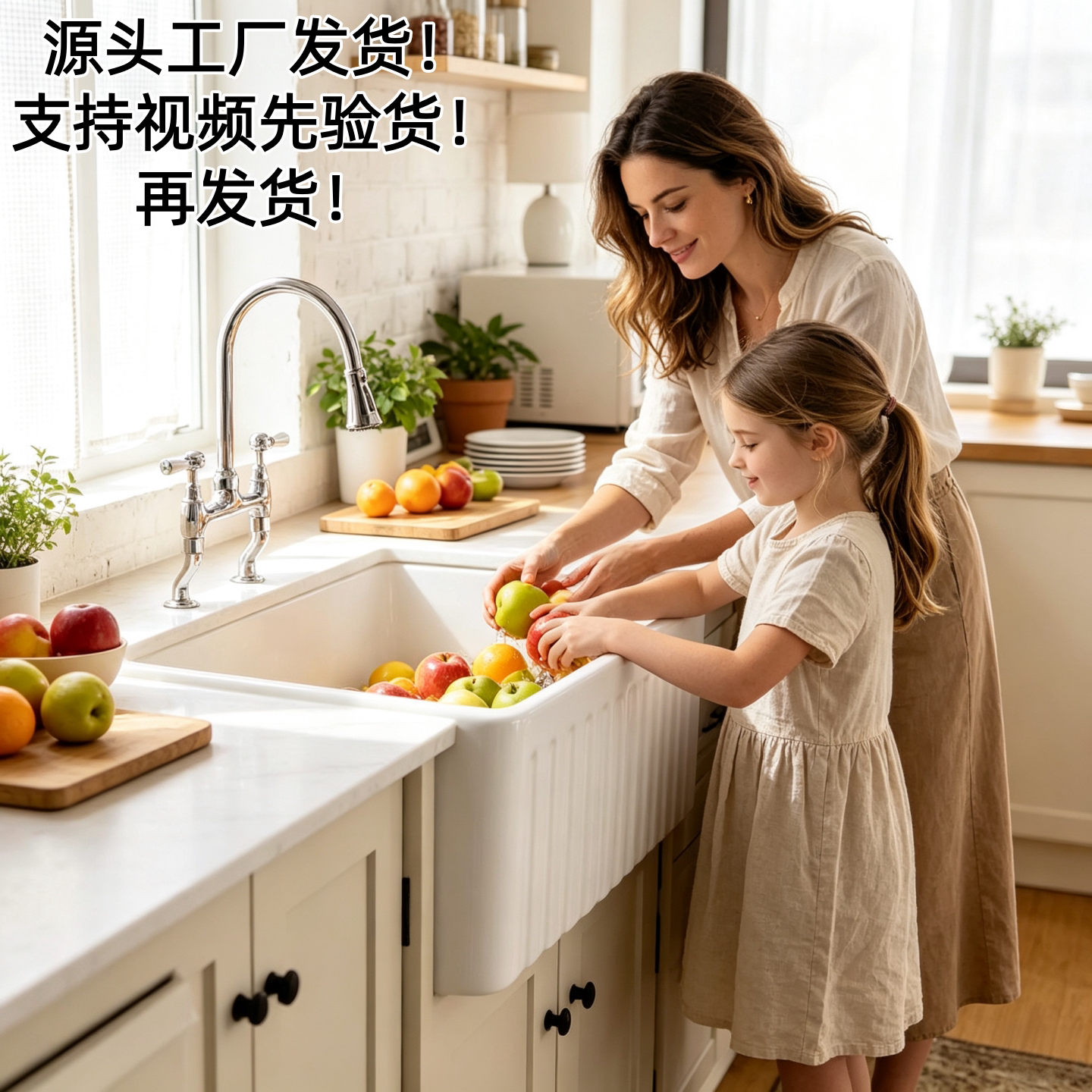 美式陶瓷水槽厨房家用半嵌入式洗菜盆单槽洗碗槽台上下盆高压一体