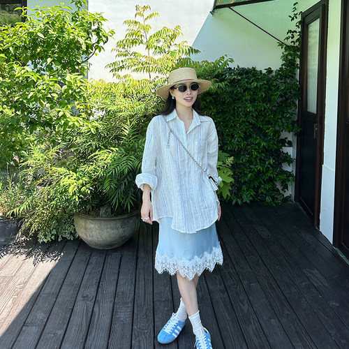 金苏一蓝色条纹100亚麻衬衫蕾丝醋酸半身裙夏季韩版防晒上衣短裙