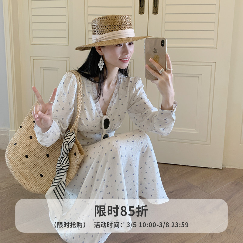 金苏一 3.5号10点八五折上新 亚麻小碎花长裙白色长袖收腰连衣裙