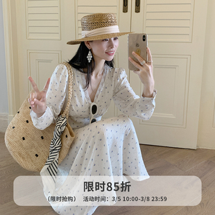 金苏一 3.5号10点八五折上新 亚麻小碎花长裙白色长袖收腰连衣裙
