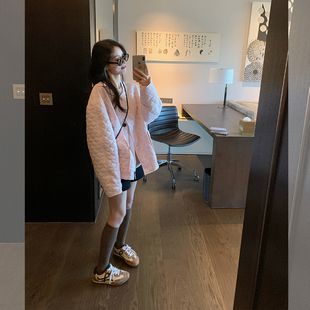 宽松粉色棉服保暖夹棉外套潮 韩版 金苏一 花瓣压棉棉衣女2025冬季