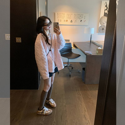 金苏一 花瓣压棉棉衣女2025冬季韩版宽松粉色棉服保暖夹棉外套潮