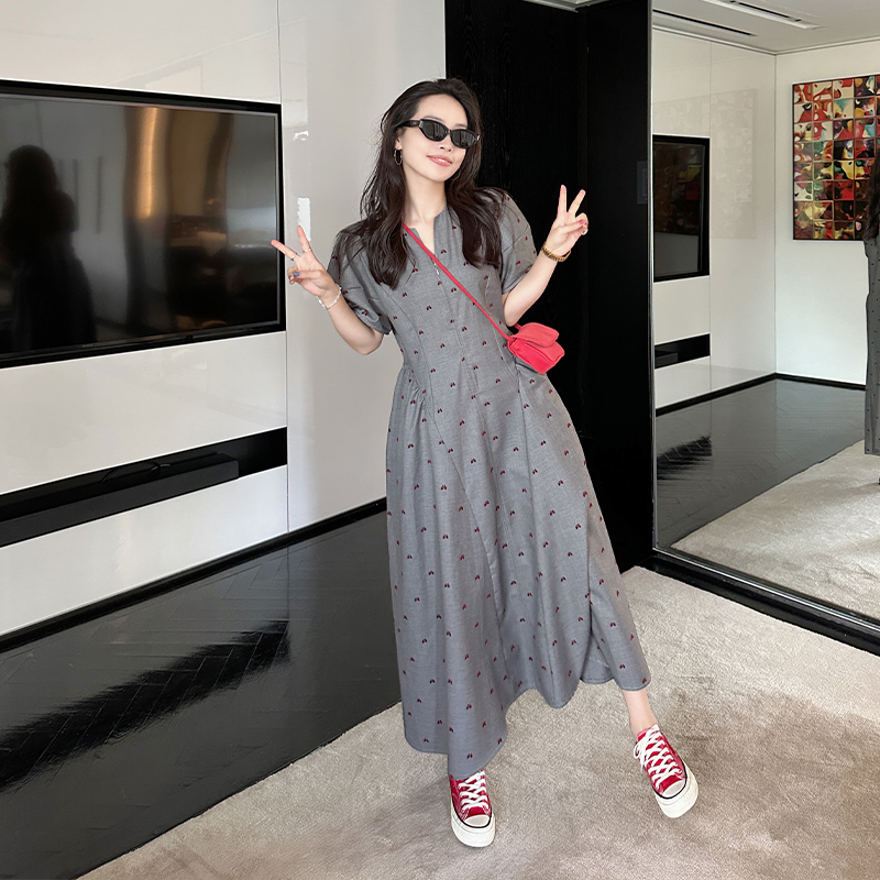 金苏一灰色西装裙女2025夏季韩版宽松气质百搭短袖连衣裙chic长裙