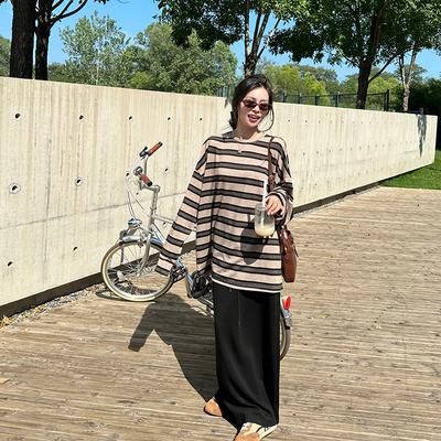 咖黑条纹天丝长袖T恤休闲打底衫