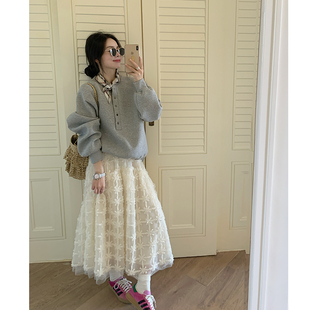 金苏一 花朵刺绣纱裙女2026春夏韩版高腰显瘦白色仙女蓬蓬半身裙