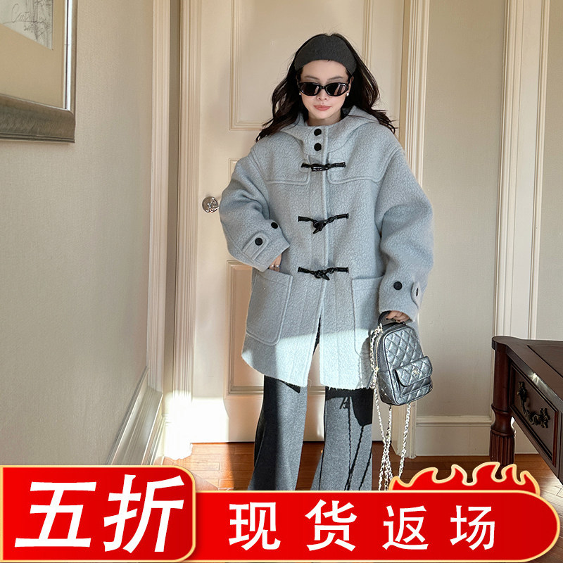 金苏一蓝色牛角扣毛呢外套2025冬季韩版连帽小个子58羊毛呢子大衣