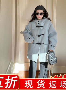 金苏一蓝色牛角扣毛呢外套2025冬季韩版连帽小个子58羊毛呢子大衣