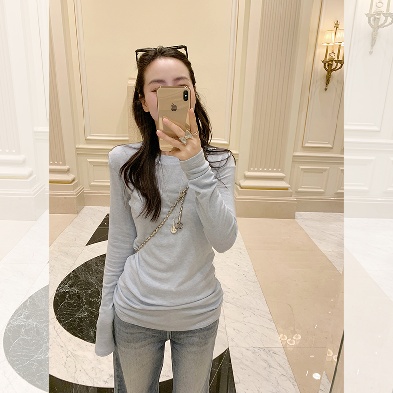 蓝色兰精天丝羊毛长袖T恤打底衫