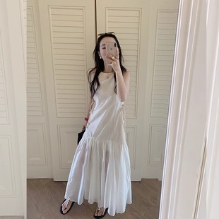 韓版 氣質過膝顯瘦長裙溫柔白色裙子 天絲連衣裙女2025夏季 金蘇一