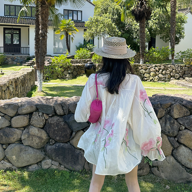 金苏一 花朵刺绣天丝防晒衬衫女2026夏季韩版宽松长袖防晒上衣潮