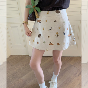 金苏一 可爱刺绣麻料短裙2026春夏韩版高腰显瘦a字裙chic裙子潮