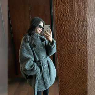 韓版 寬松保暖系帶毛呢外套上衣潮 60羊毛灰色大衣2025冬季 金蘇一
